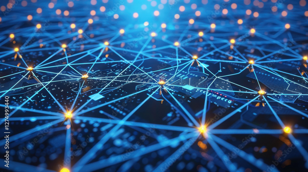 Poster close up view of digital network with glowing connections and nodes, representing technology and dat