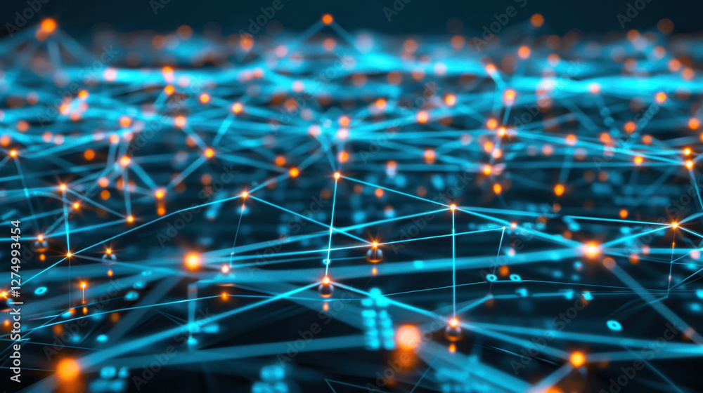 Poster vibrant network of glowing blue and orange lines and nodes, representing digital connections and dat