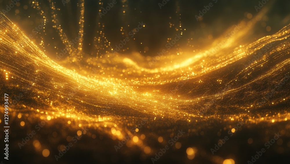 Poster elegant golden waves of light and shimmer, glowing particles create enchanting abstract background f