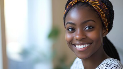 Portrait of a joyful African American woman with a warm smile, radiating positivity and confidence.