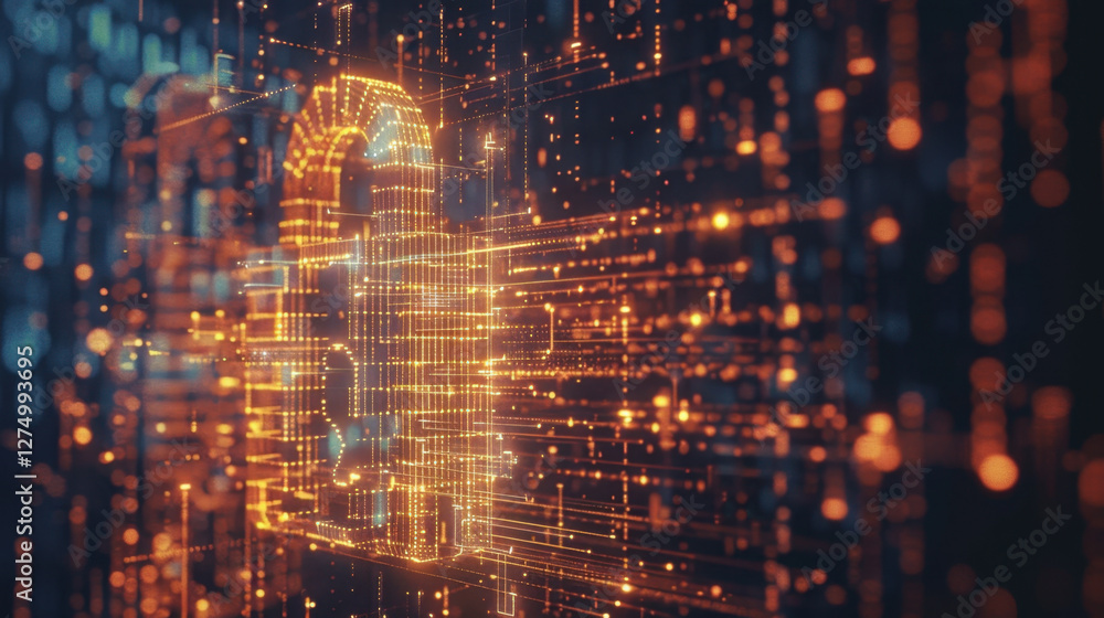 Poster digital lock symbol with glowing data streams, representing cybersecurity and protection