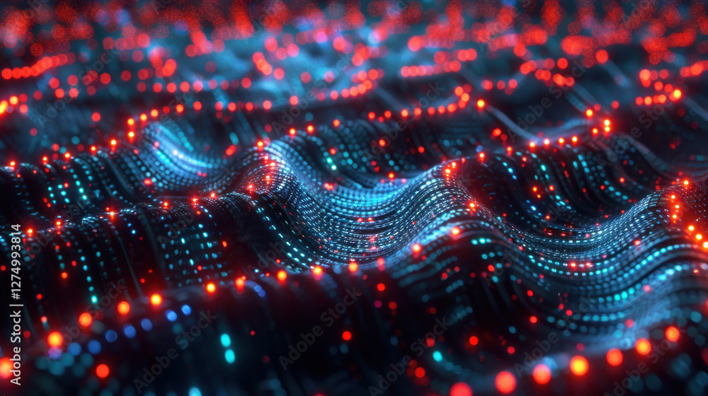 Poster digital abstract waves with glowing red and blue lights create mesmerizing visual effect, representi