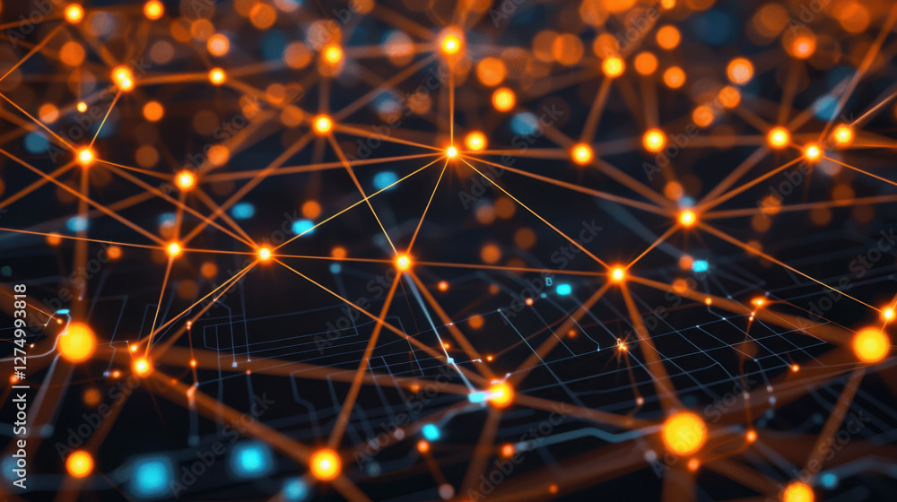 Poster vibrant network of interconnected nodes and lines, symbolizing technology and data flow. glowing ora