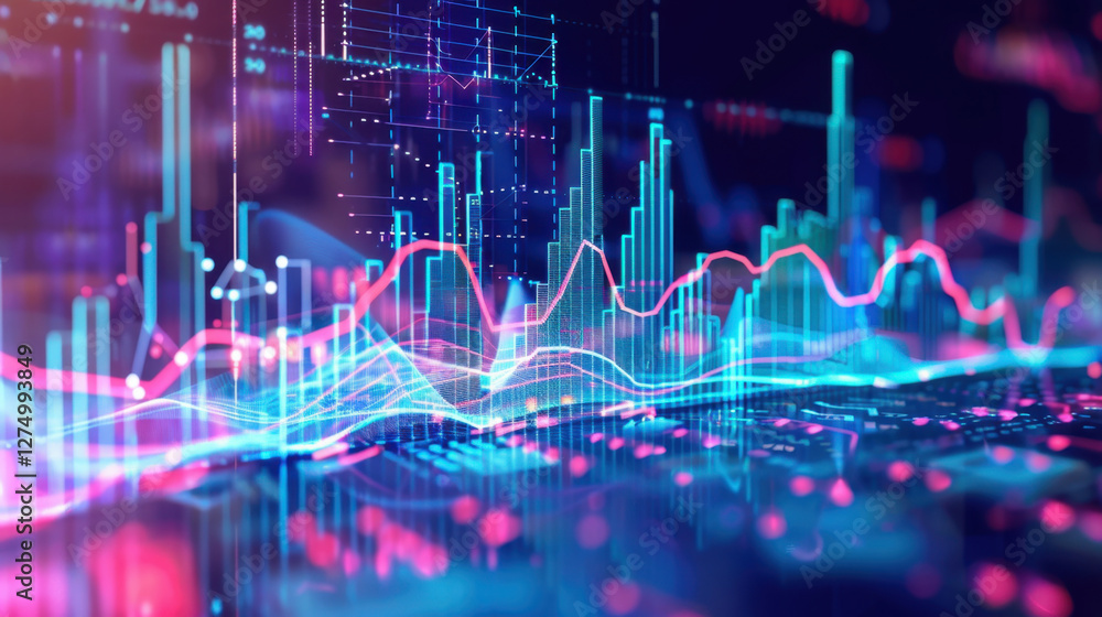 Poster vibrant digital representation of data analytics with colorful graphs and charts, showcasing trends 