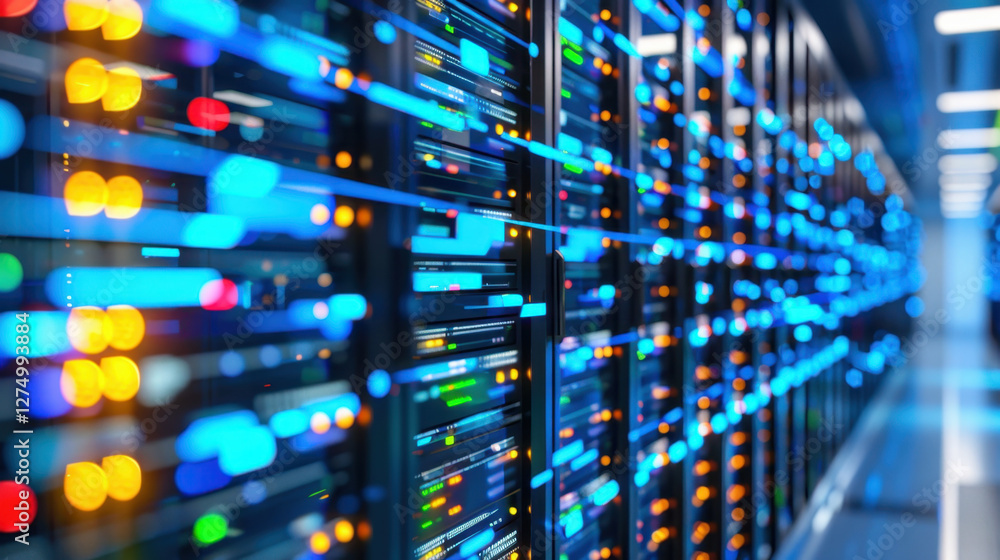 Poster high tech data center with illuminated server racks and vibrant lights, showcasing advanced technolo