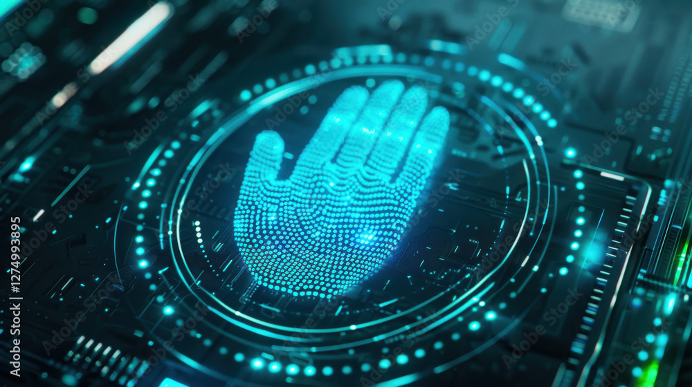 Poster digital representation of hand with fingerprint pattern, showcasing technology and security. vibrant