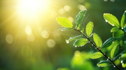 Sunlit Dewdrops on Lush Green Leaves: A Breathtaking Nature Scene
