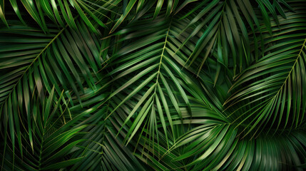 Lush green palm leaves create vibrant tropical background, perfect for nature themed designs and projects. intricate patterns and textures add depth and freshness