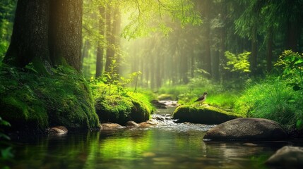 Fototapeta premium Serene Forest Stream With Bird On Rock
