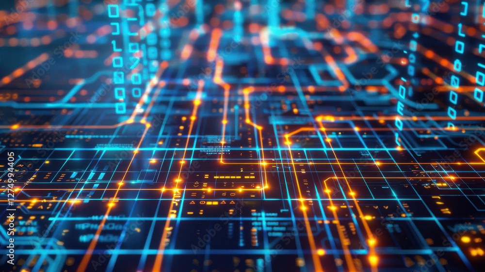 Poster digital circuit board with glowing lines and binary code, representing technology and data flow. vib