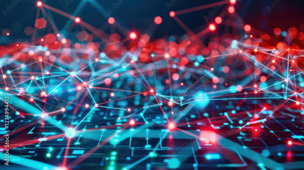 Poster digital network connections with glowing nodes and lines create vibrant, futuristic atmosphere. inte