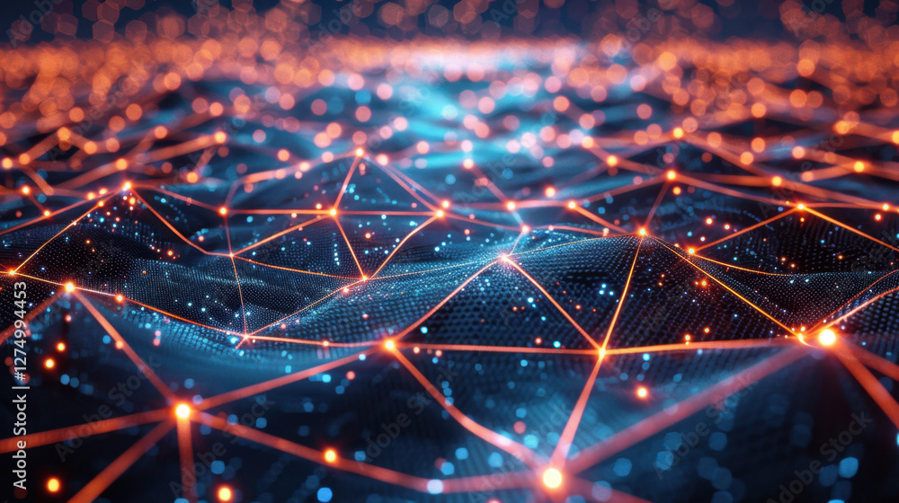 Poster vibrant digital landscape with glowing nodes and interconnected lines, creating sense of depth and m