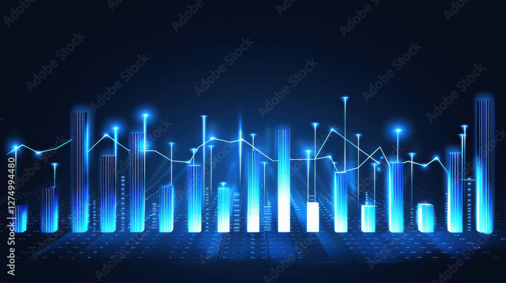 Poster futuristic digital data visualization with glowing blue bars and lines representing statistics and t