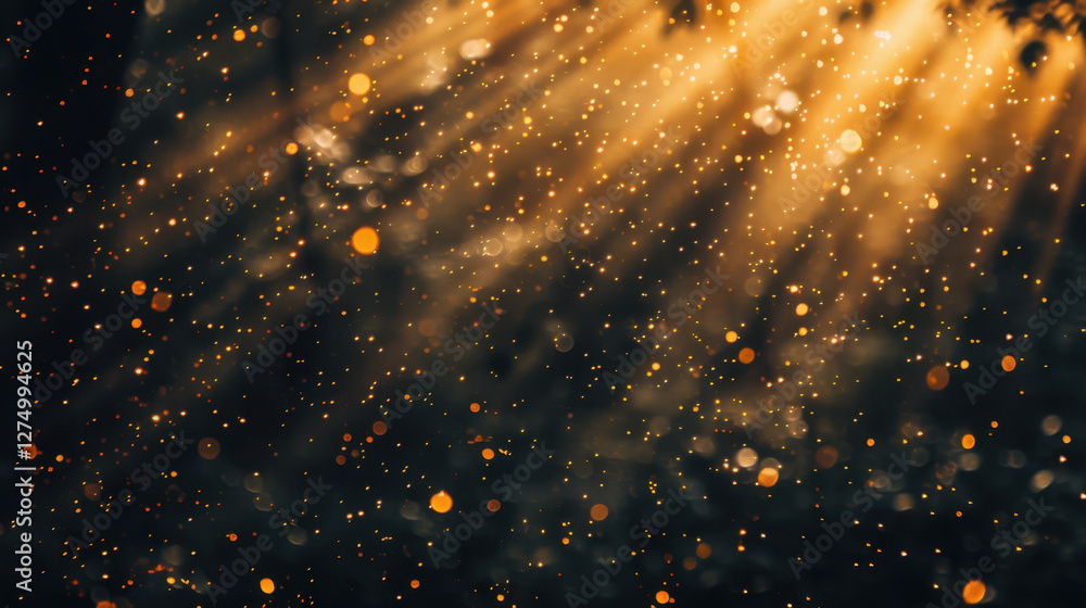 Poster golden light beams shine through dark background, creating magical atmosphere filled with sparkling 