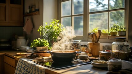 Cozy Kitchen Cooking Scene: Warm Sunlight Illuminates a Rustic Kitchen with a Pot of Steaming Food on a Stovetop, Herbs, and Rustic Utensils, creating a Homey Atmosphere.