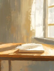 A soft desk lamp next to feather pens and ancient books
