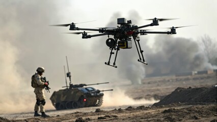 A soldier monitors a drone flying above a battlefield with smoke from explosions in the background, highlighting modern warfare technologies.