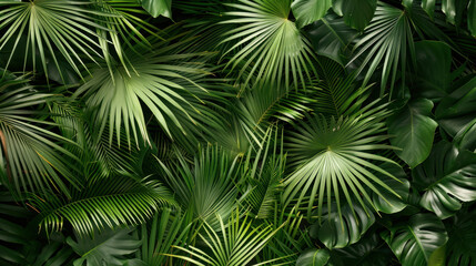 Lush green tropical leaves create vibrant and serene backdrop, showcasing various palm fronds and foliage. This natural arrangement evokes sense of tranquility and freshness