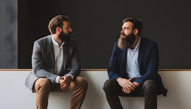 Two bearded men in business attire are sitting and talking