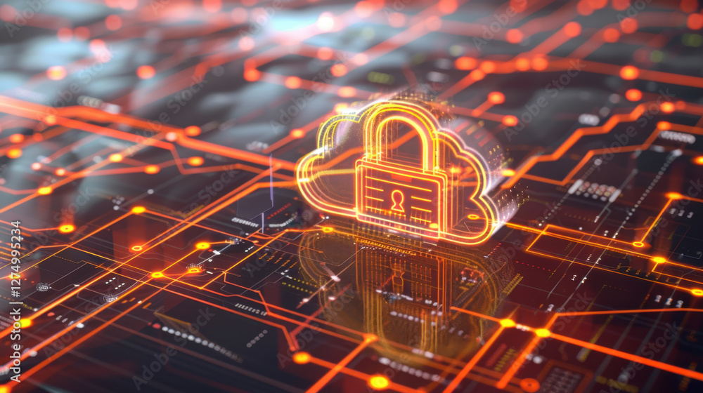 Poster digital cloud with padlock symbolizing cybersecurity and data protection, surrounded by network of g