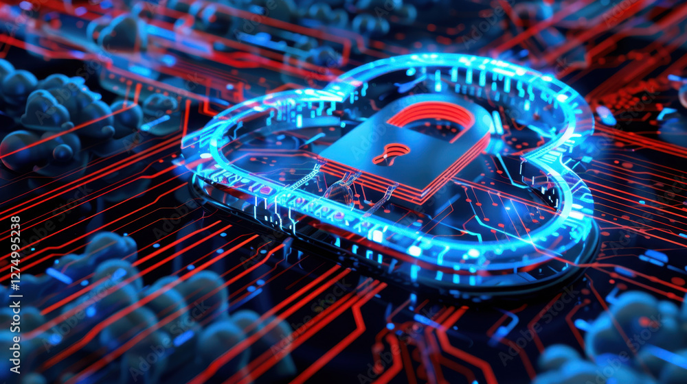 Poster digital cloud symbol with padlock, representing cybersecurity and data protection. background featur