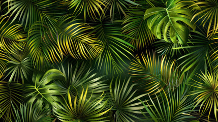 Lush green tropical leaves create vibrant and lively background, showcasing various textures and shades of green. Perfect for nature themed designs