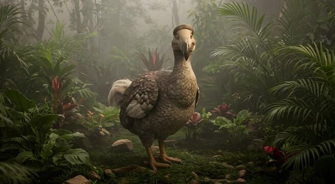 Dodo bird in primeval jungle mist. 4K Video