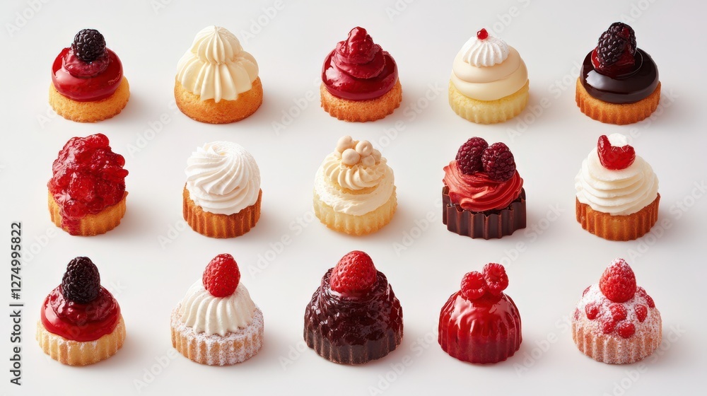 Poster assorted miniature cupcakes with various toppings displayed on a clean white background