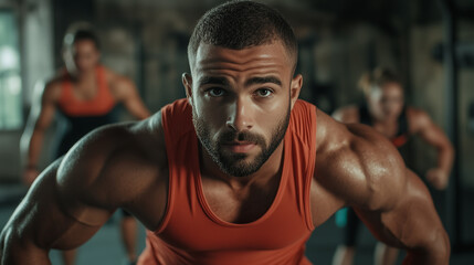 Strong man performing burpees with focus and determination, surrounded by friends in gym, showing teamwork and healthy life