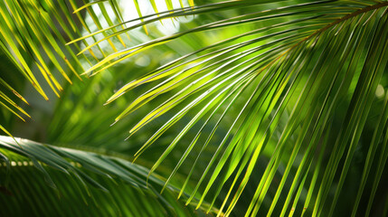 Lush green palm leaves create vibrant tropical atmosphere, showcasing nature beauty and tranquility. interplay of light and shadow enhances rich textures of foliage