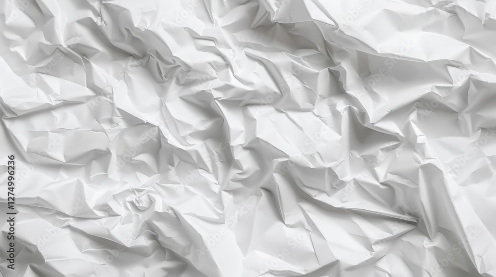 Poster crumpled white paper texture with intricate folds and shadows, creating dynamic visual effect. ideal