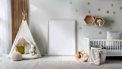 Scandinavianstyle Nursery Interior Framed Mockup Showcasing a Cozy Childs Room with Pastel Tones, Natural Textures, and Playful Artwork, Perfect for Modern Parents Seeking Inspiration.