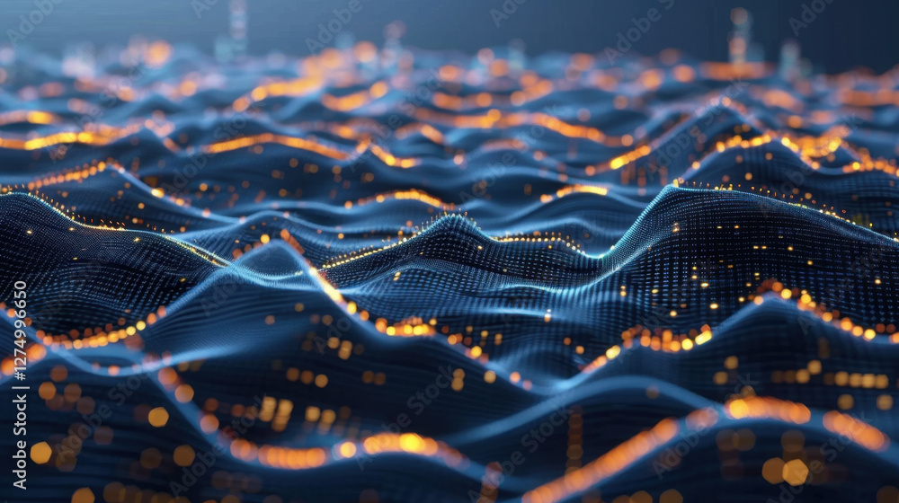 Poster digital waves with glowing particles create mesmerizing visual effect, representing data flow and te
