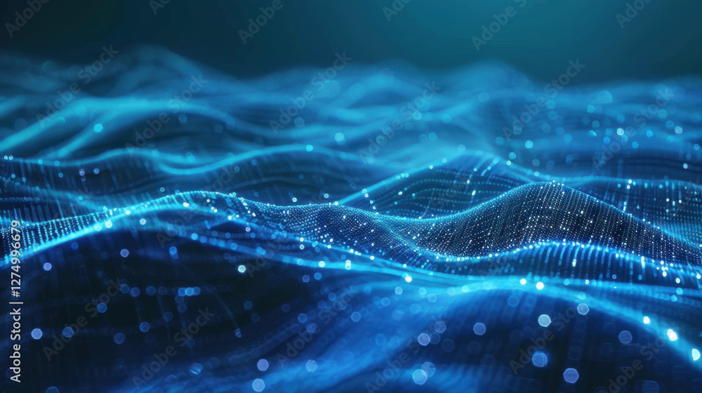 Poster digital waves of blue light create mesmerizing visual effect, resembling ocean of data. shimmering p