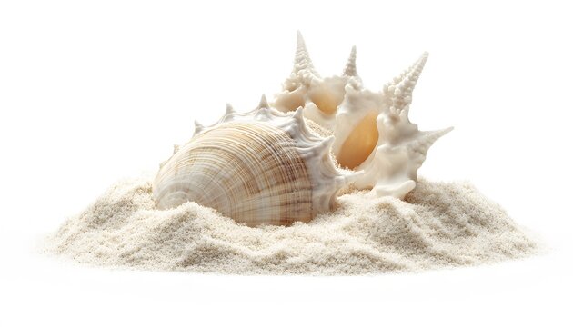 Two seashells sitting atop fine textured white beach sand