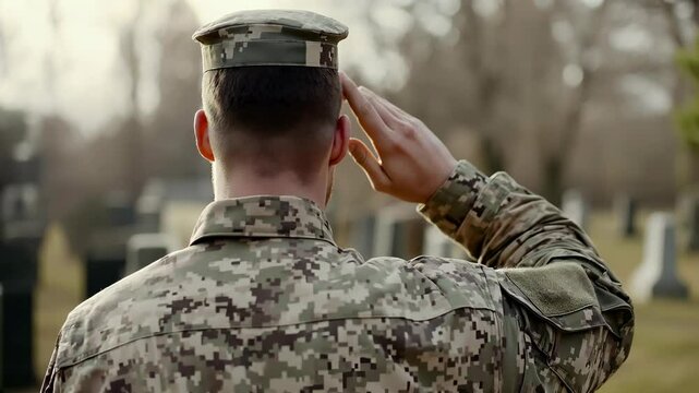  Army soldier saluting fallen fellow servicemen at a military cemetery at sunset 