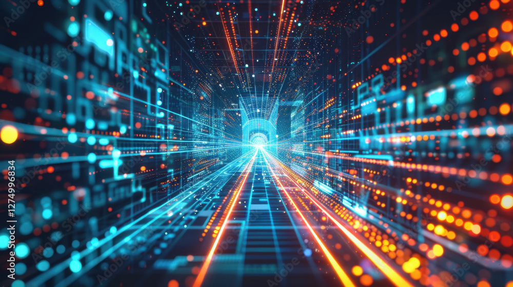 Aufkleber vibrant digital tunnel with glowing lines and particles, representing technology and data flow. scen