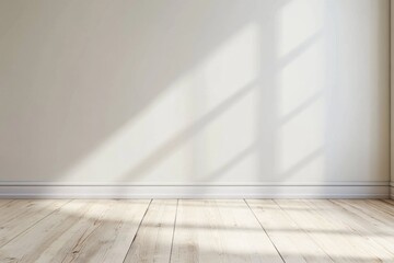Sunlight streams onto empty room's light wood floor