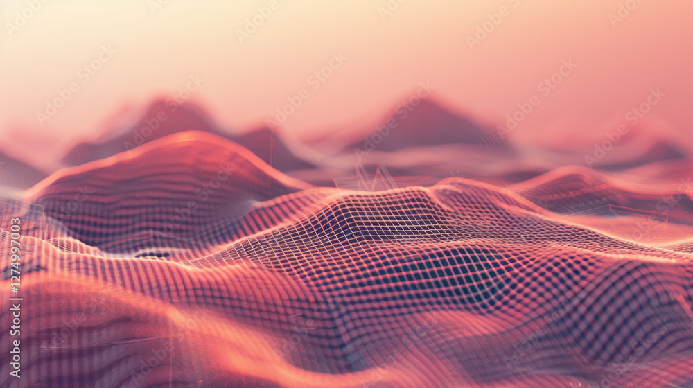 Poster abstract landscape with flowing waves and grid pattern, showcasing blend of warm colors and depth, c