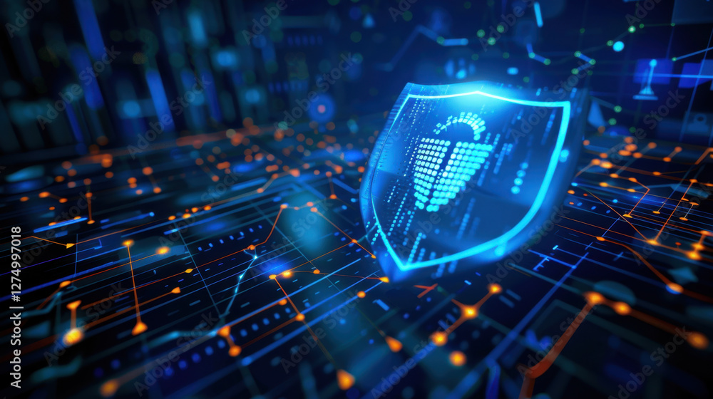 Poster digital shield symbolizing cybersecurity with glowing circuits and data streams. this represents pro