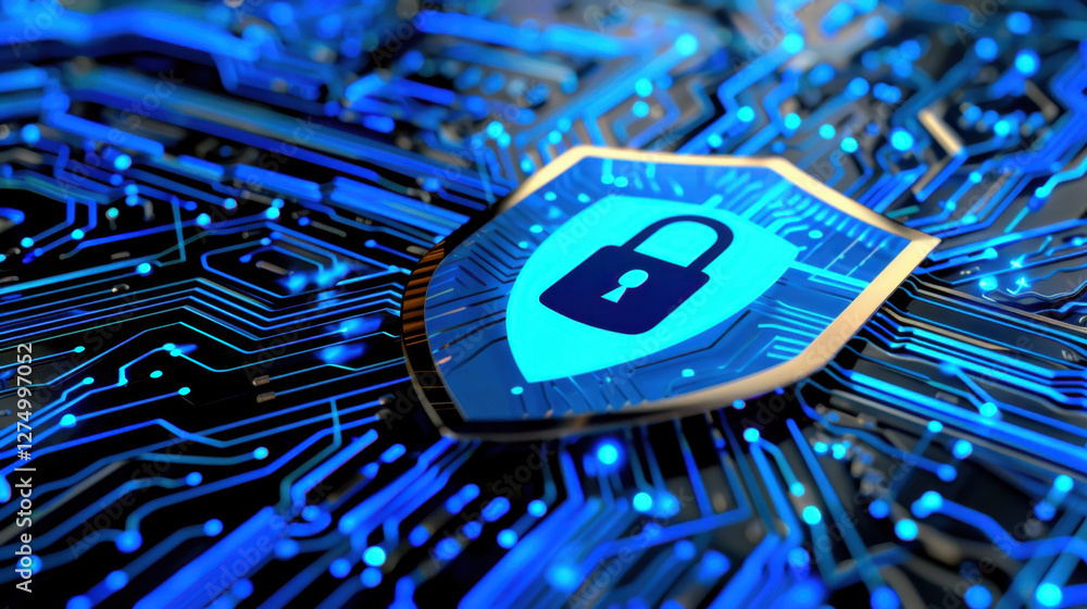 Poster digital security shield with lock symbol on circuit board background