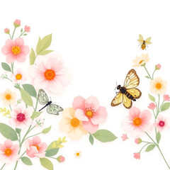 Background and banner decorated with pastel colors blooming flowers and leaves. Spring, Easter, Summer theme with dragonfly, butterfly and bee. Flat folk geometric style