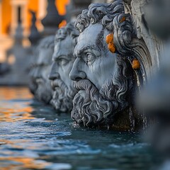 Ancient fountain heads, Rome, water, sunset