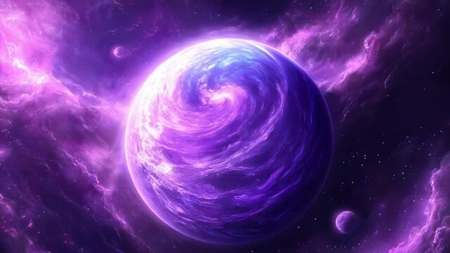 A deep-space telescope capturing an exoplanet with swirling purple and blue clouds, orbiting a binary star system
