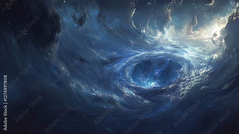 Poster interdimensional portal with swirling particles pulling into another realm. copy space.