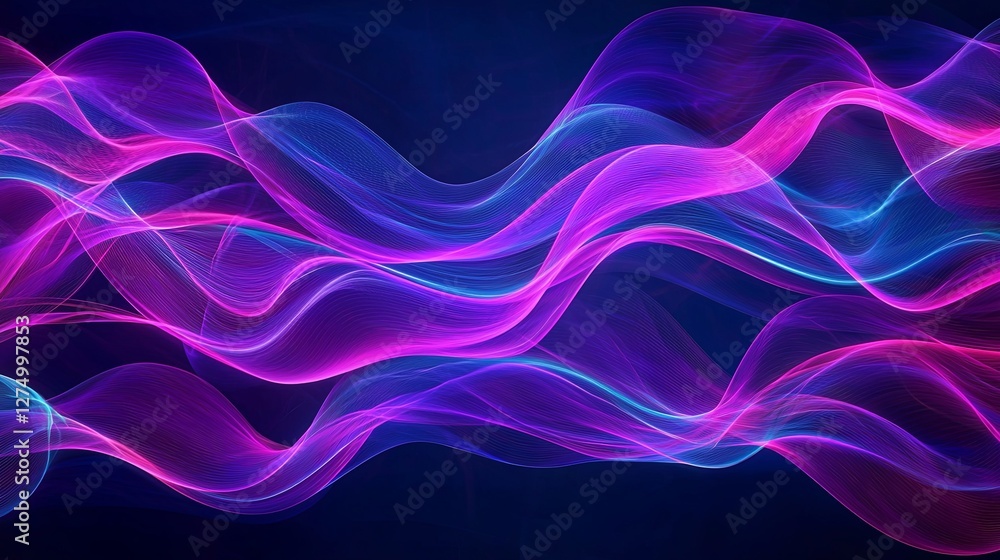 Poster interwoven layers of neon-colored waves flowing dynamically in space. copy space.
