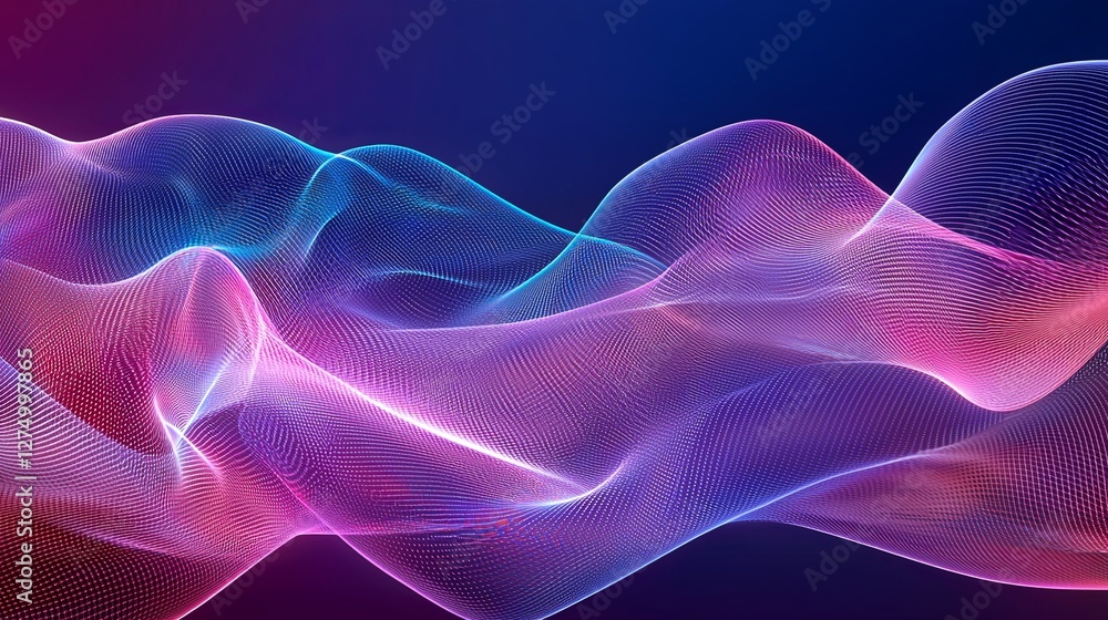 Poster interwoven layers of neon-colored waves flowing dynamically in space. copy space.