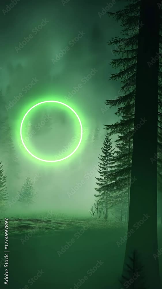 Poster mysterious green halo in foggy forest with sensor-based watchtower for high-tech surveillance and at