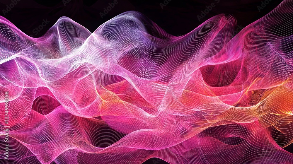 Poster interwoven layers of neon-colored waves flowing dynamically in space. copy space.