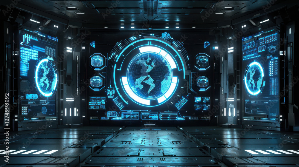 Poster futuristic control room with holographic displays and digital interfaces, showcasing globe and data 
